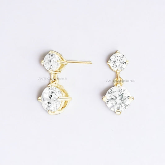 Two Stone Dainty Diamond Stud Earrings For Women, Daily Use Stud Earring, Minimalist Earrings, 14K Yellow Gold Plated, Gifts For Girlfriend