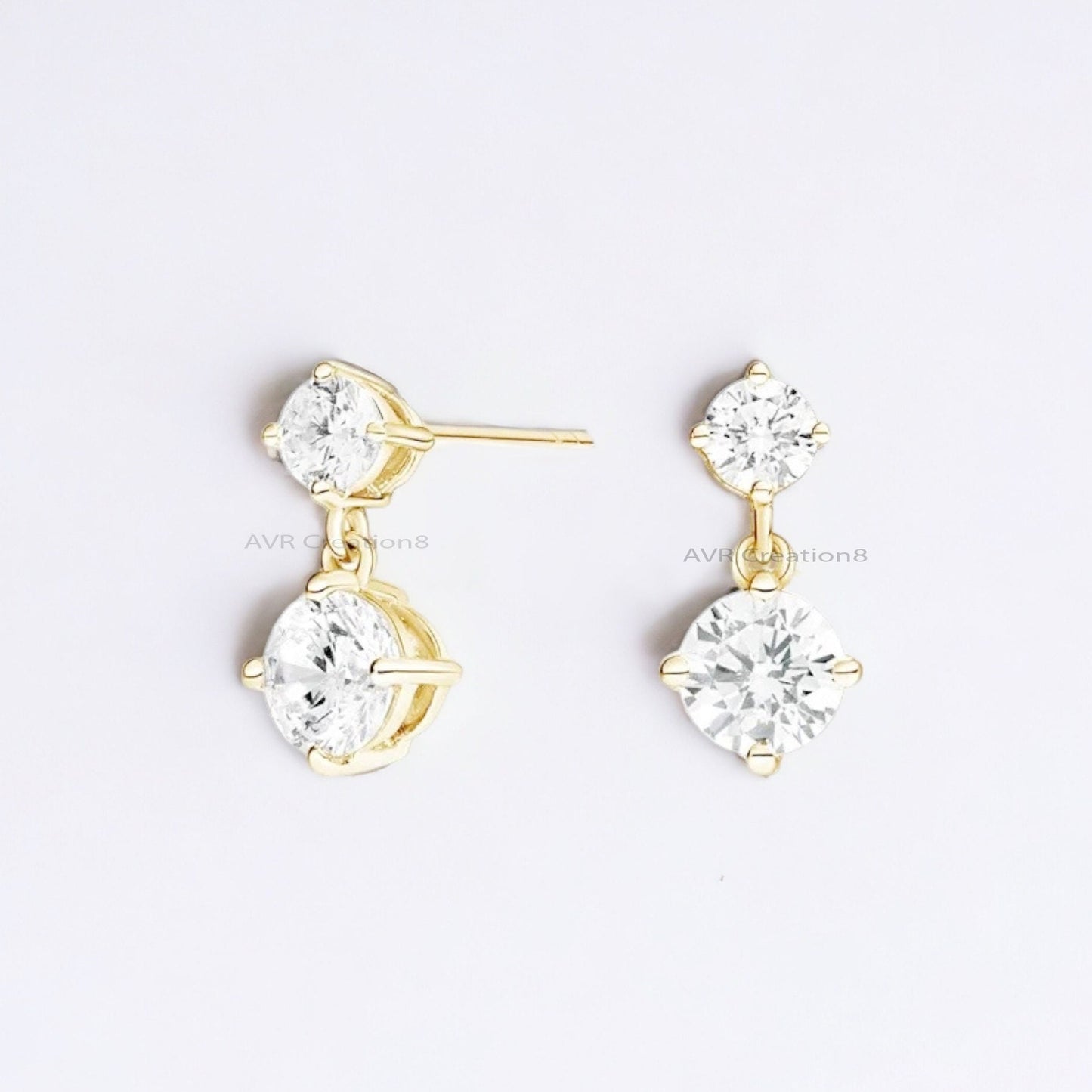 Two Stone Dainty Diamond Stud Earrings For Women, Daily Use Stud Earring, Minimalist Earrings, 14K Yellow Gold Plated, Gifts For Girlfriend