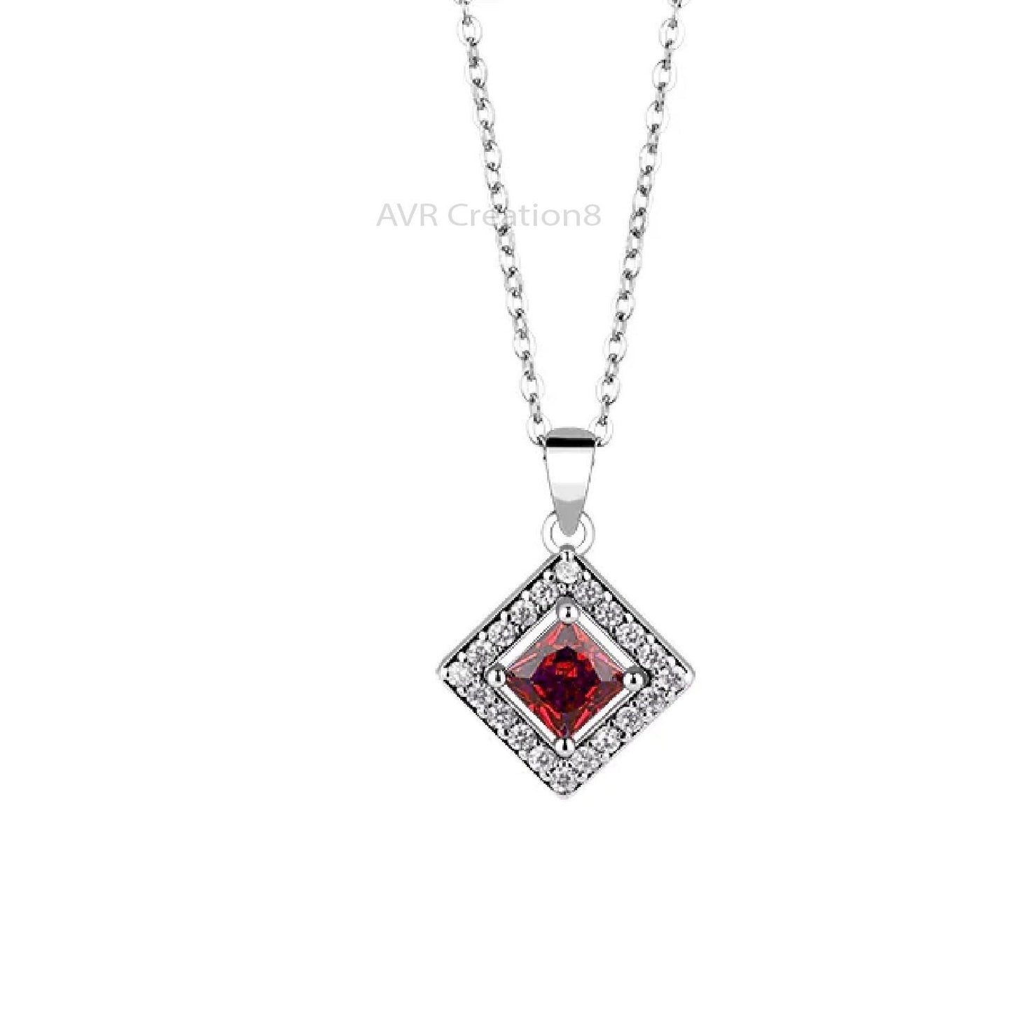 Square Diamond Necklace Pendant, Garnet & Diamond Pendant, Princess Cut Pendant, Minimalist Pendant, 14K White Gold Plated, Anniversary Gift