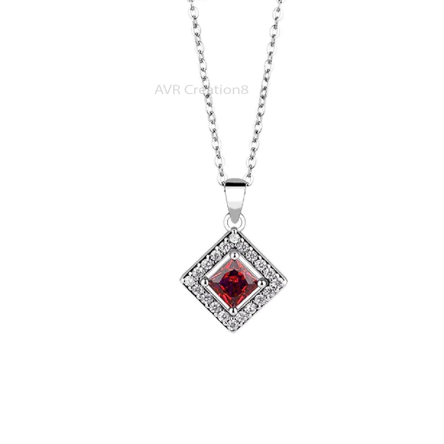 Square Diamond Necklace Pendant, Garnet & Diamond Pendant, Princess Cut Pendant, Minimalist Pendant, 14K White Gold Plated, Anniversary Gift