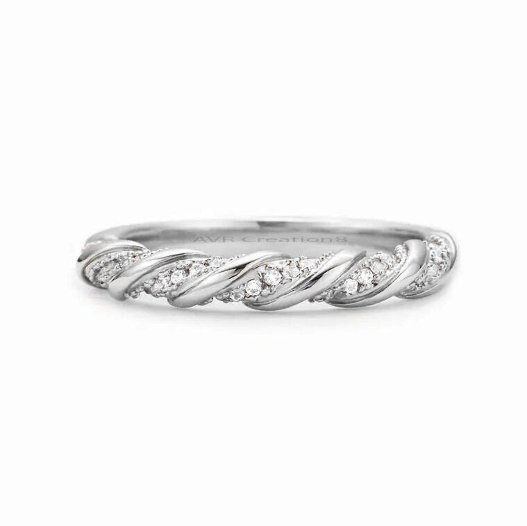 Diamond Twisted Wedding Band, Eternity Wedding Band, Cluster Dainty Diamond Ring, Minimalist Moissanite Stackable Band, Silver Band for Mom