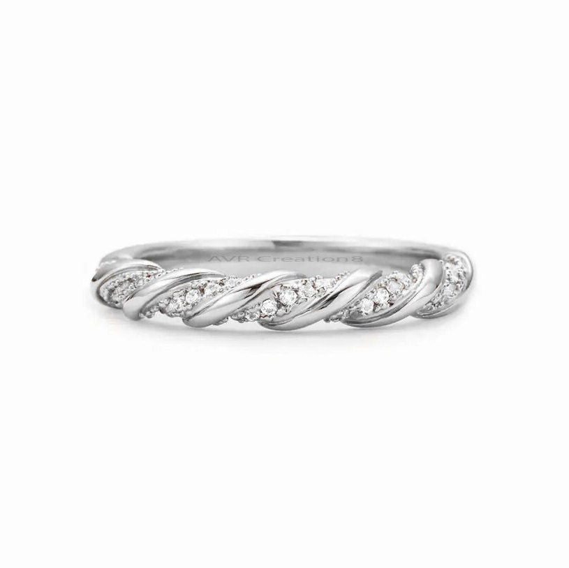 Diamond Twisted Wedding Band, Eternity Wedding Band, Cluster Dainty Diamond Ring, Minimalist Moissanite Stackable Band, Silver Band for Mom