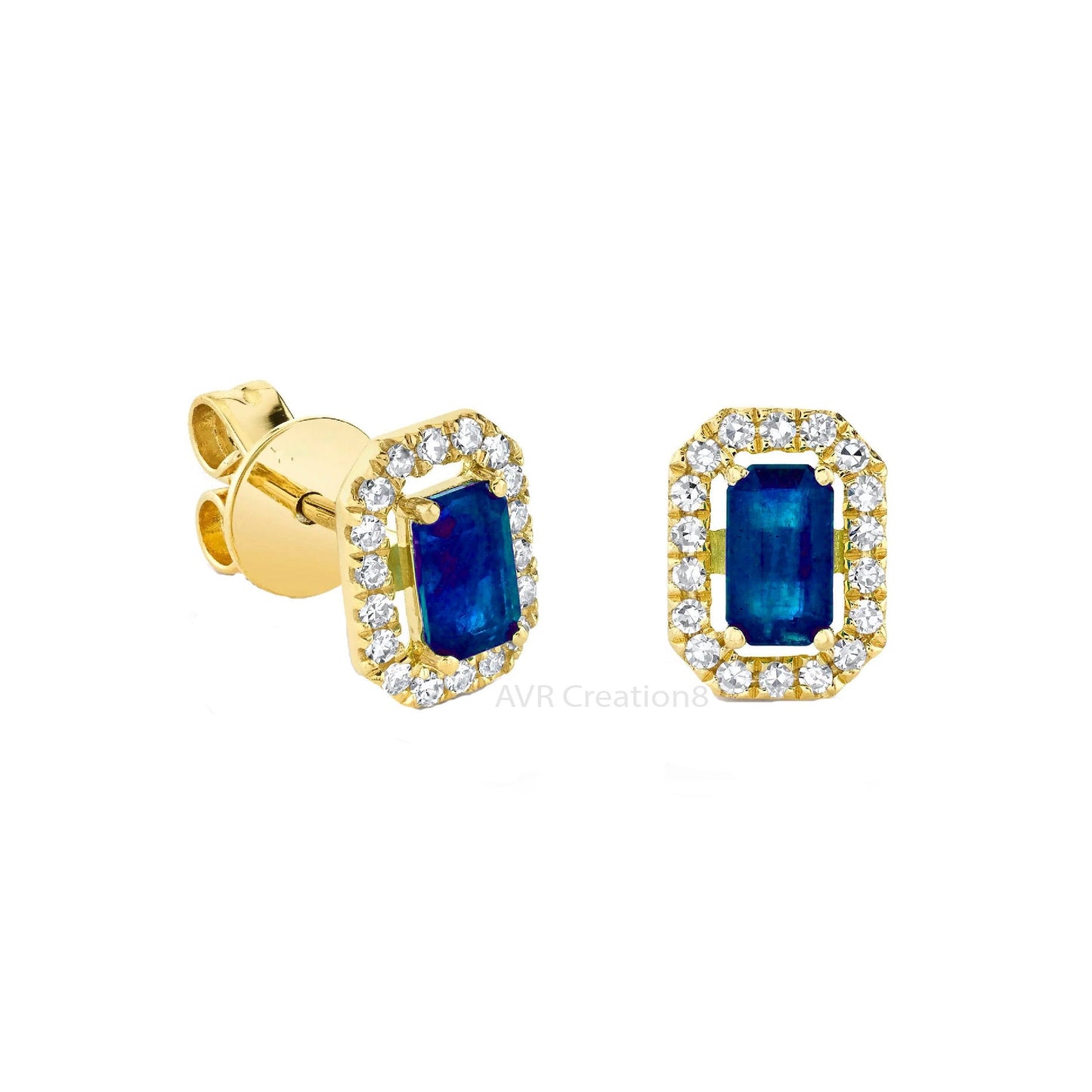 Sapphire & Diamond Stud Earrings, Rectangle Stud Earrings, Gemstone Earrings, Earrings For Her, 925 Sterling Silver, Gifts For Girlfriend