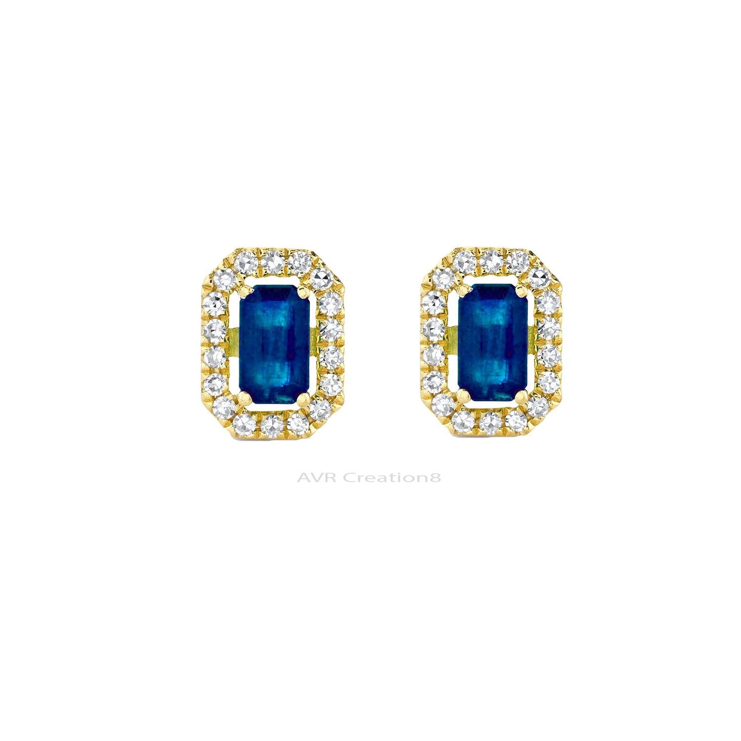Sapphire & Diamond Stud Earrings, Rectangle Stud Earrings, Gemstone Earrings, Earrings For Her, 925 Sterling Silver, Gifts For Girlfriend