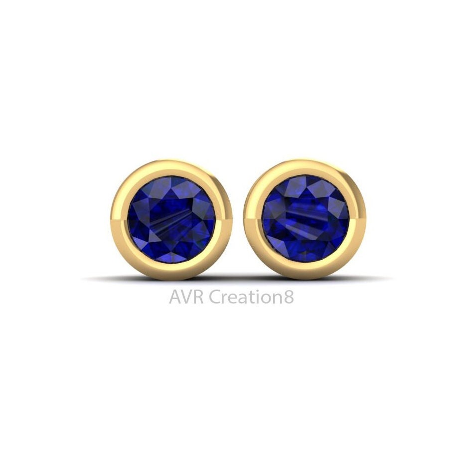 Blue Sapphire Bezel Set Dainty Gemstone Earrings, Everyday Wear Stud Earrings, 925 Sterling Silver, Anniversary Gifts, Gift For Her