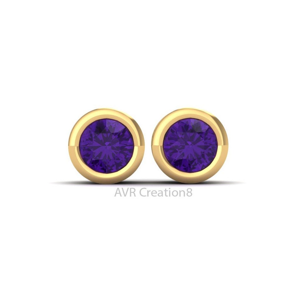 Amethyst Stud Earrings, Mini Bezel Set Earrings, 14k Yellow Gold Plated, February Birthstone Earrings, Birthday Gifts, Gifts For Her