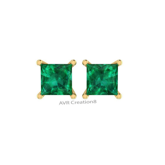 Square Green Emerald Gemstone Stud Earrings, Princess Cut Solitaire Stud Earrings, May Birthstone Birthday Gift, Gifts For Girlfriend