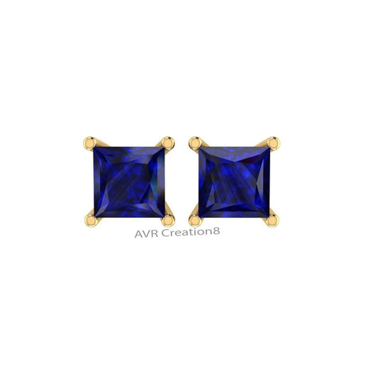 Sapphire Blue Stud Earrings | Princess Cut Blue Sapphire Solitaire Earrings | Gemstone Studs | 14k Gold Plated | September Birthstone Gift