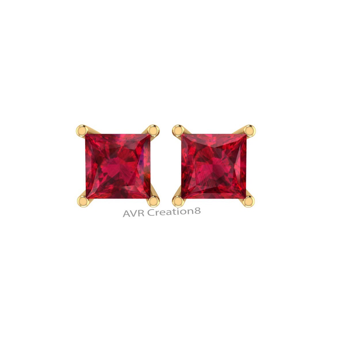 Red Ruby Stud Earrings, Four Prong Set Stud Earrings, 14k Yellow Gold Plated, Square Shape Red Ruby Stud Earrings, Gifts For Girlfriend