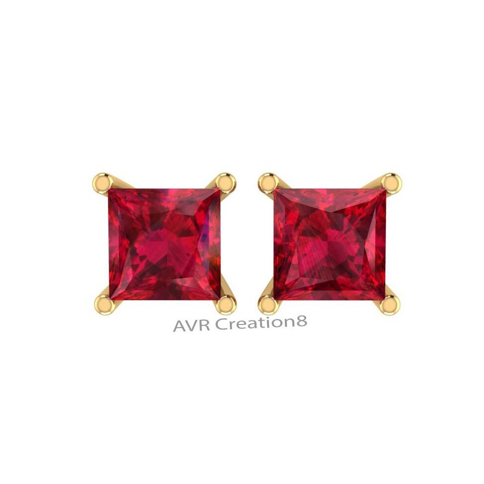 Red Ruby Stud Earrings, Four Prong Set Stud Earrings, 14k Yellow Gold Plated, Square Shape Red Ruby Stud Earrings, Gifts For Girlfriend