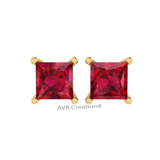 Red Ruby Stud Earrings, Four Prong Set Stud Earrings, 14k Yellow Gold Plated, Square Shape Red Ruby Stud Earrings, Gifts For Girlfriend