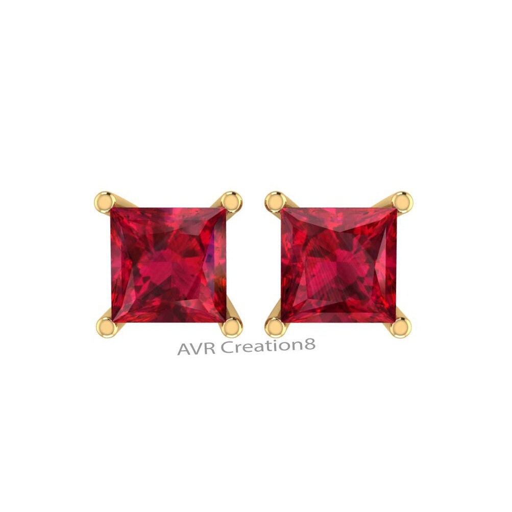 Red Ruby Stud Earrings, Four Prong Set Stud Earrings, 14k Yellow Gold Plated, Square Shape Red Ruby Stud Earrings, Gifts For Girlfriend