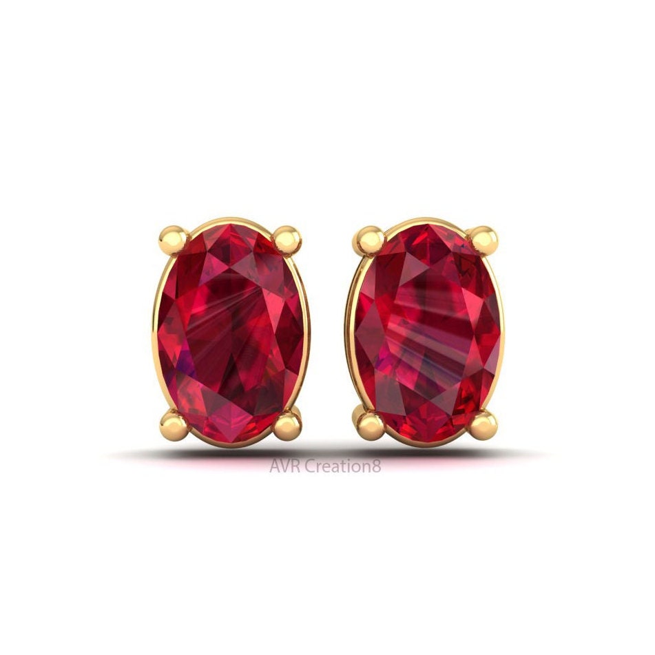 Oval Ruby/Garnet Stud Earrings | Minimalist Red Gemstone Studs | July/January Birthstone Jewelry | Everyday Oval Earrings | Anniversary Gift