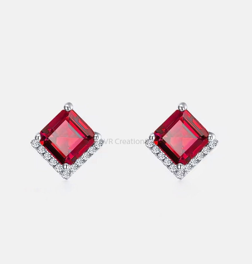 Princess Cut Garnet Earrings, January Birthstone Red Gemstone Stud Earring, Earrings For Women, 925 Sterling Silver, Pushback Earrings 1.3CT