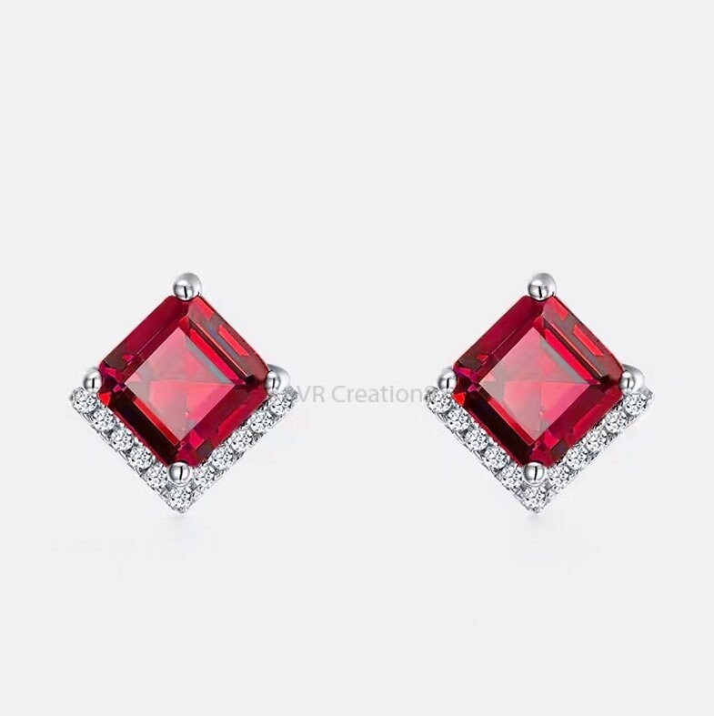 Princess Cut Garnet Earrings, January Birthstone Red Gemstone Stud Earring, Earrings For Women, 925 Sterling Silver, Pushback Earrings 1.3CT