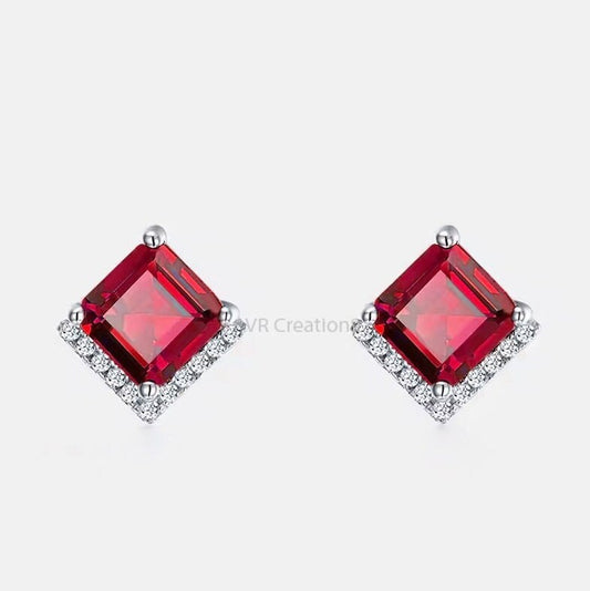 Princess Cut Garnet Earrings, January Birthstone Red Gemstone Stud Earring, Earrings For Women, 925 Sterling Silver, Pushback Earrings 1.3CT