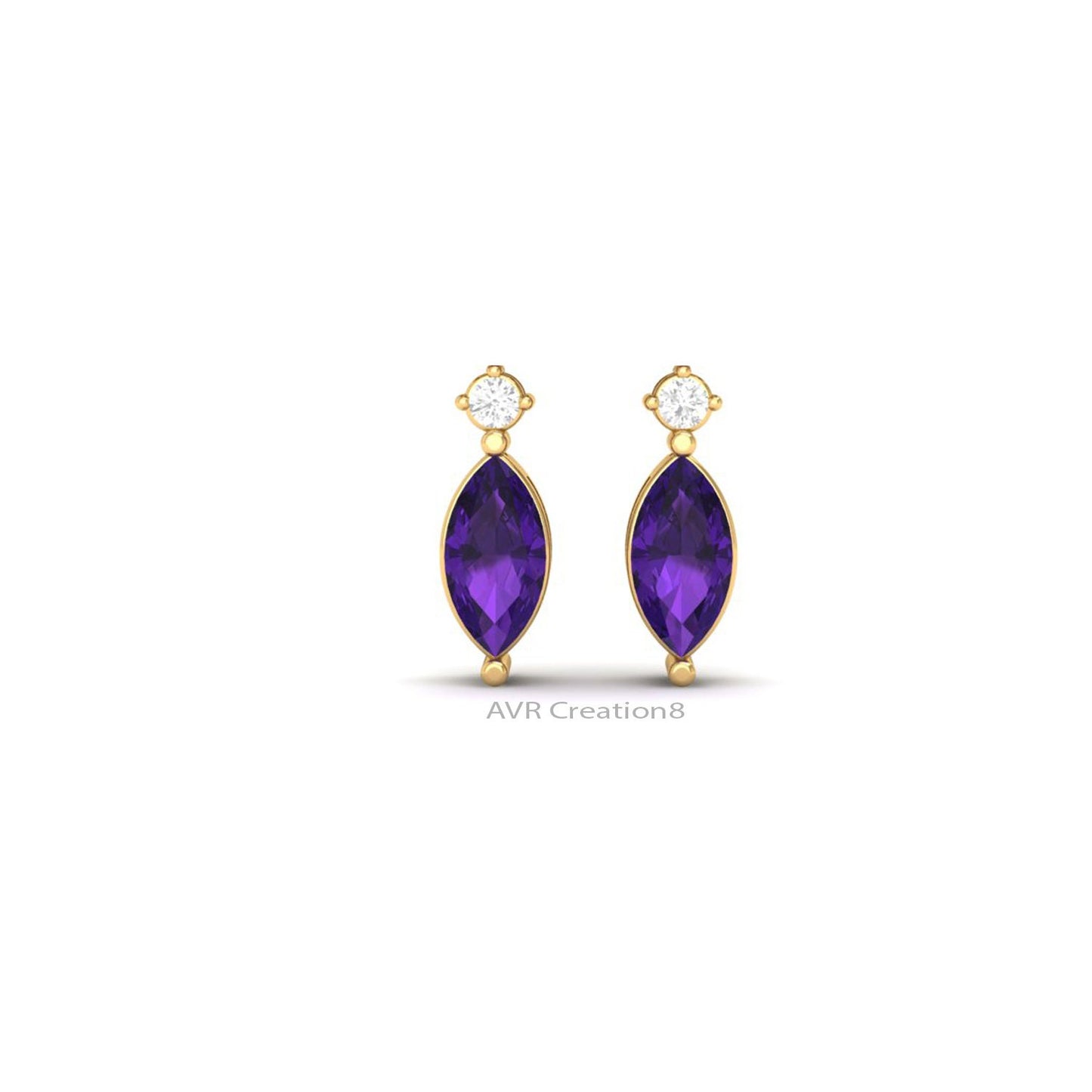 Amethyst & Diamond Stud Earrings, February Birthstone Earrings, Handmade Earrings, 14k Yellow Gold Plated, Earrings For Women, Gifts For Her
