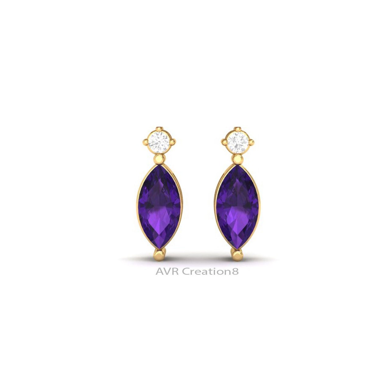 Amethyst & Diamond Stud Earrings, February Birthstone Earrings, Handmade Earrings, 14k Yellow Gold Plated, Earrings For Women, Gifts For Her