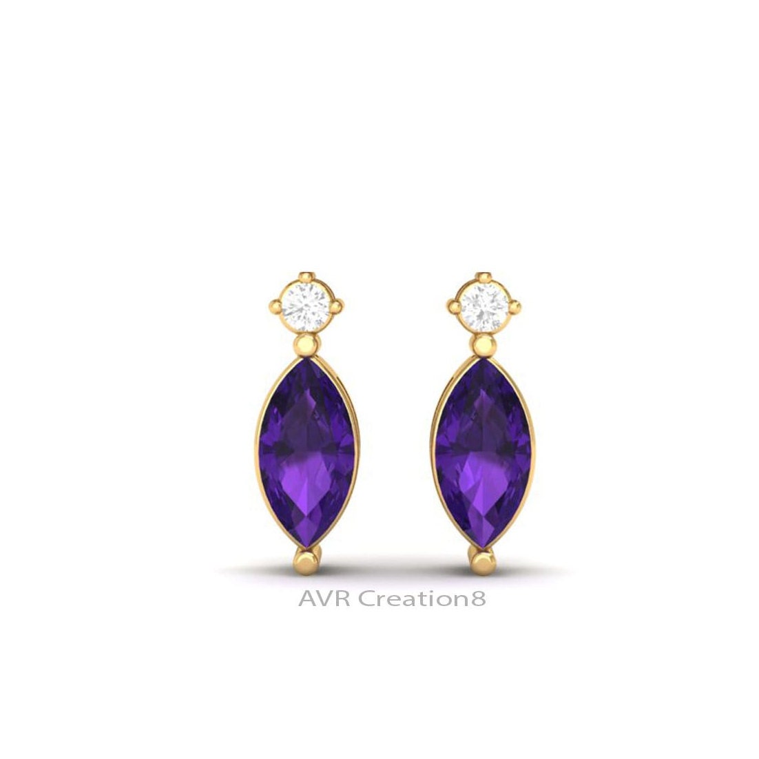 Amethyst & Diamond Stud Earrings, February Birthstone Earrings, Handmade Earrings, 14k Yellow Gold Plated, Earrings For Women, Gifts For Her