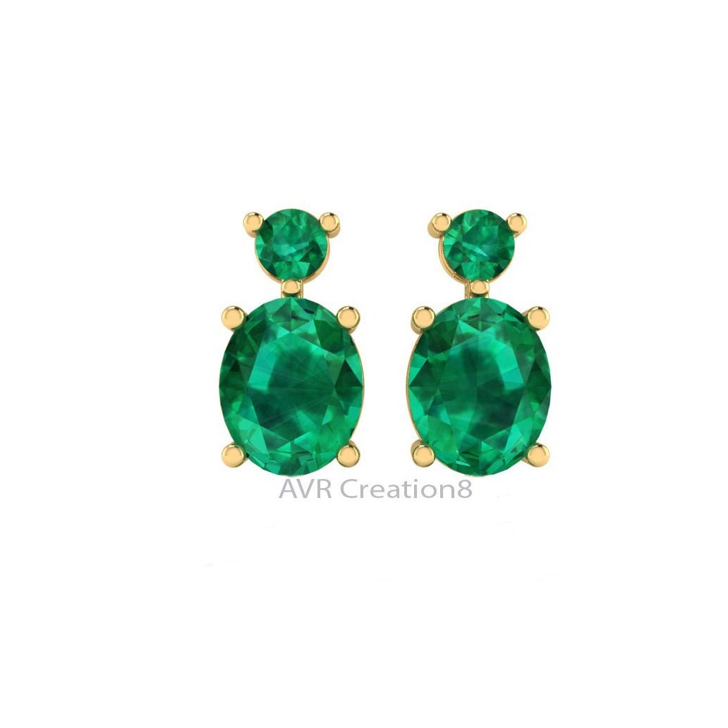 Emerald Green Oval Drop Earrings, Oval Emerald Earrings, May Gemstone Earrings, 14k Yellow Gold Plated, Earrings For Women, Gift For Mom