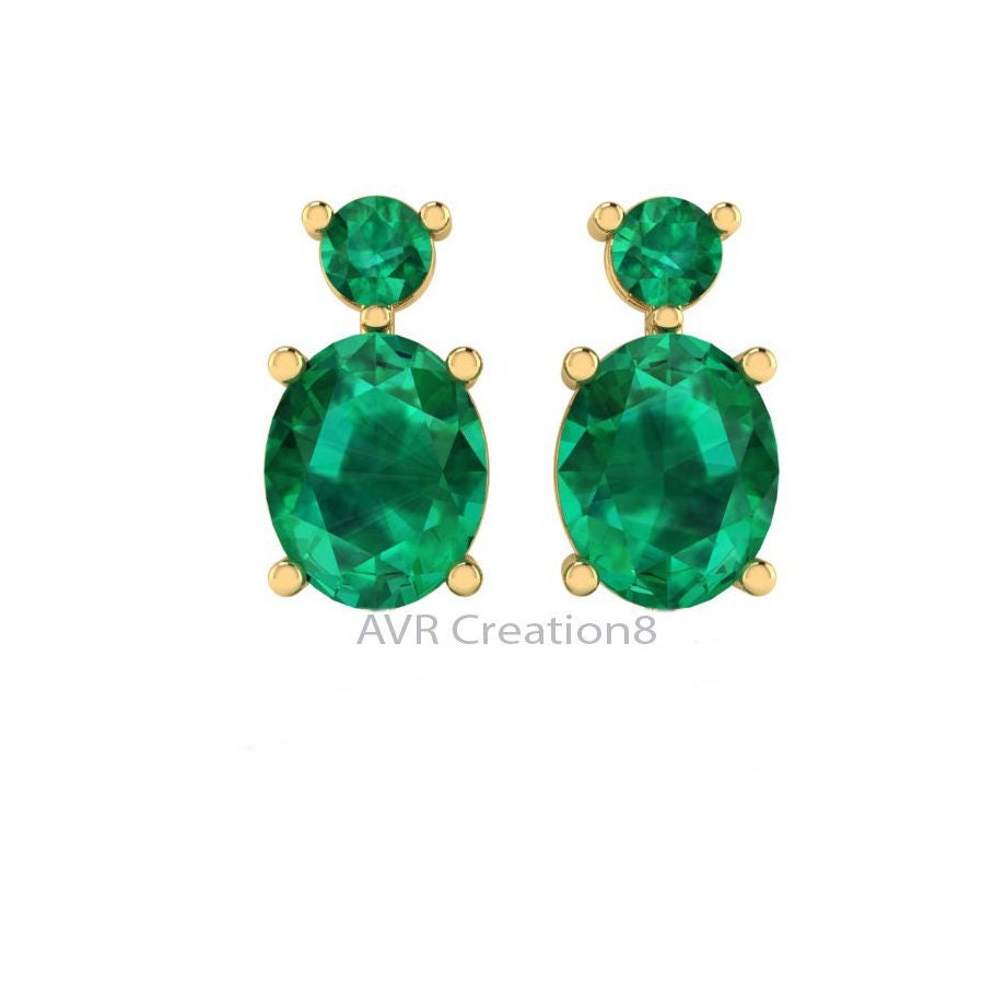 Emerald Green Oval Drop Earrings, Oval Emerald Earrings, May Gemstone Earrings, 14k Yellow Gold Plated, Earrings For Women, Gift For Mom