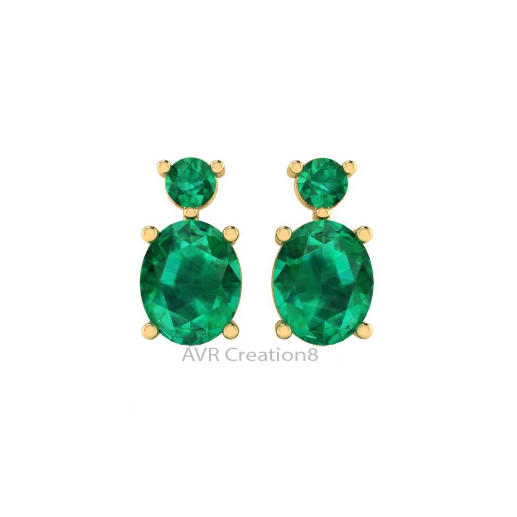 Emerald Green Oval Drop Earrings, Oval Emerald Earrings, May Gemstone Earrings, 14k Yellow Gold Plated, Earrings For Women, Gift For Mom