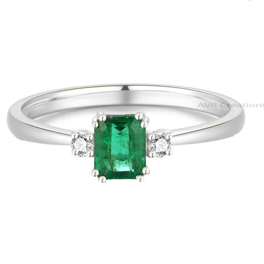 Green Emerald Engagement Ring, Green Gemstone Ring, Three Stone Diamond Ring, Stackable Rings, 925 Sterling Silver, Anniversary Gifts