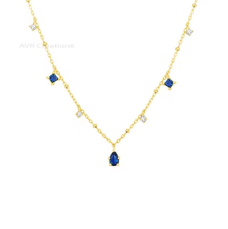 Blue Sapphire & Diamond Pendant Necklace, Station Pendant Necklace, Blue Birthstone Pendant, 925 Sterling Silver, Anniversary Gifts For Her