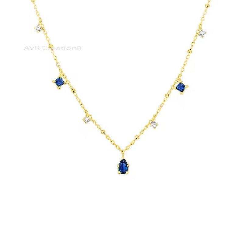 Blue Sapphire & Diamond Pendant Necklace, Station Pendant Necklace, Blue Birthstone Pendant, 925 Sterling Silver, Anniversary Gifts For Her