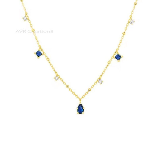 Blue Sapphire & Diamond Pendant Necklace, Station Pendant Necklace, Blue Birthstone Pendant, 925 Sterling Silver, Anniversary Gifts For Her