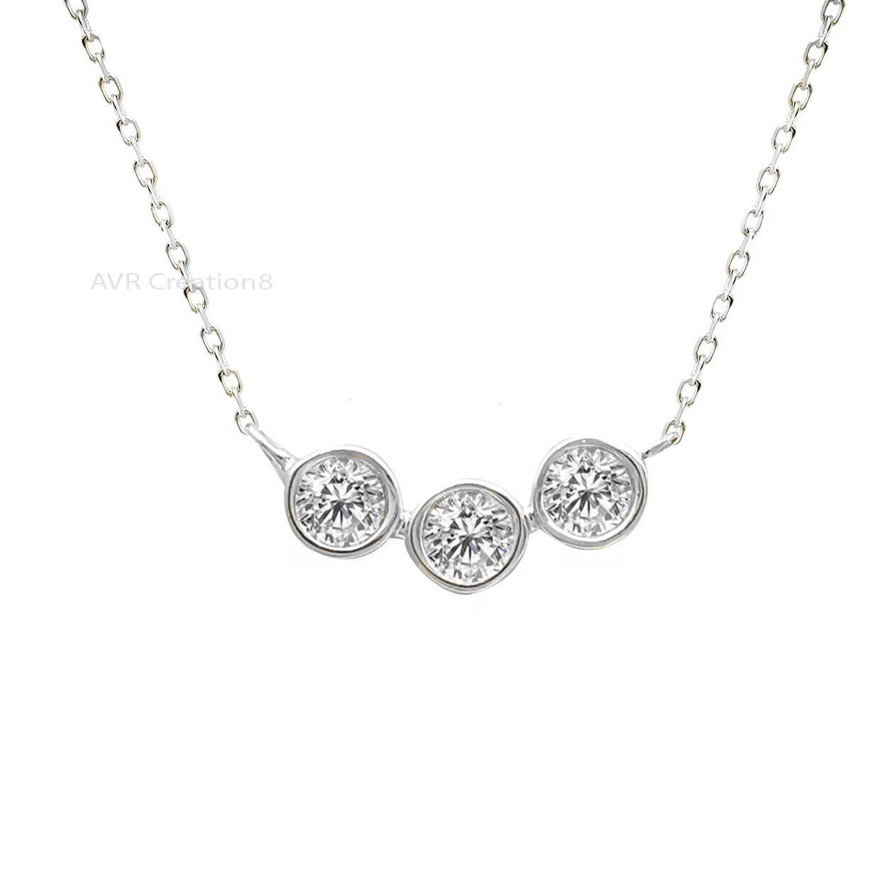 Bezel Set Trio Diamond Necklace Pendant, Three Stone Pendant, Everyday Use Pendant, 14K White Gold Plated, Handmade Gifts, Gifts For  Her