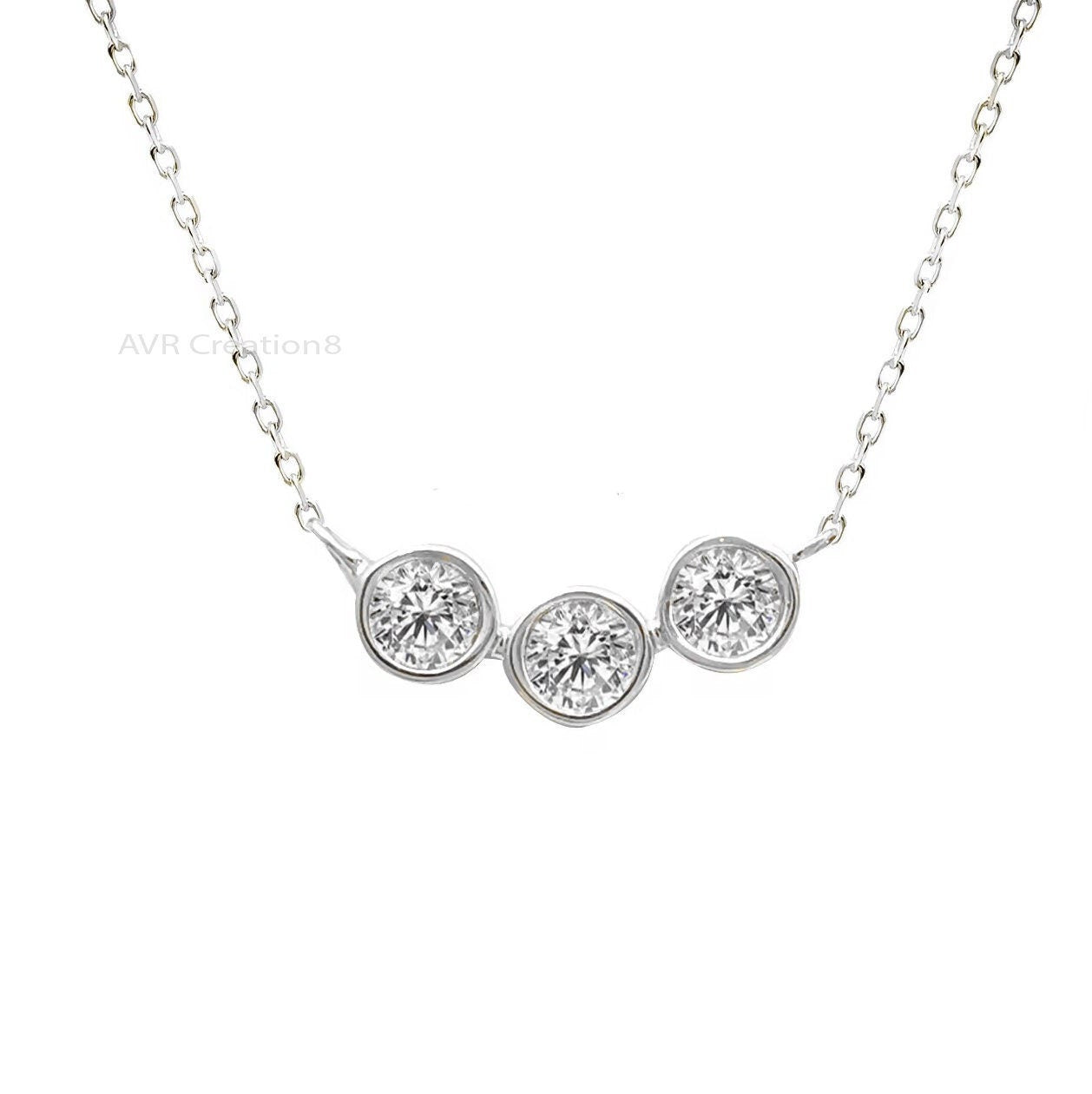 Bezel Set Trio Diamond Necklace Pendant, Three Stone Pendant, Everyday Use Pendant, 14K White Gold Plated, Handmade Gifts, Gifts For  Her