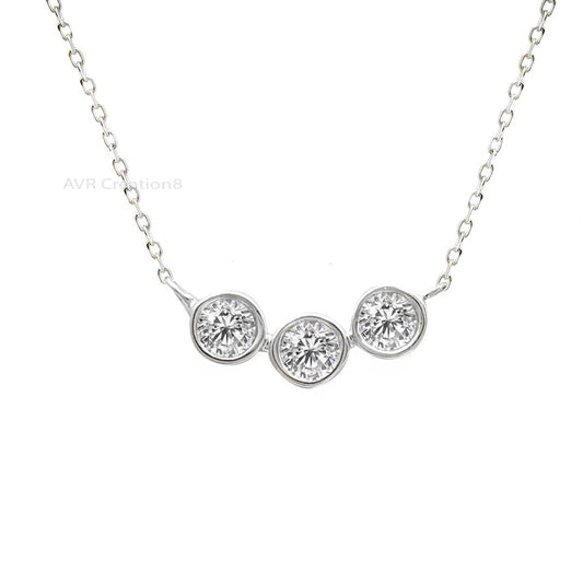 Bezel Set Trio Diamond Necklace Pendant, Three Stone Pendant, Everyday Use Pendant, 14K White Gold Plated, Handmade Gifts, Gifts For  Her