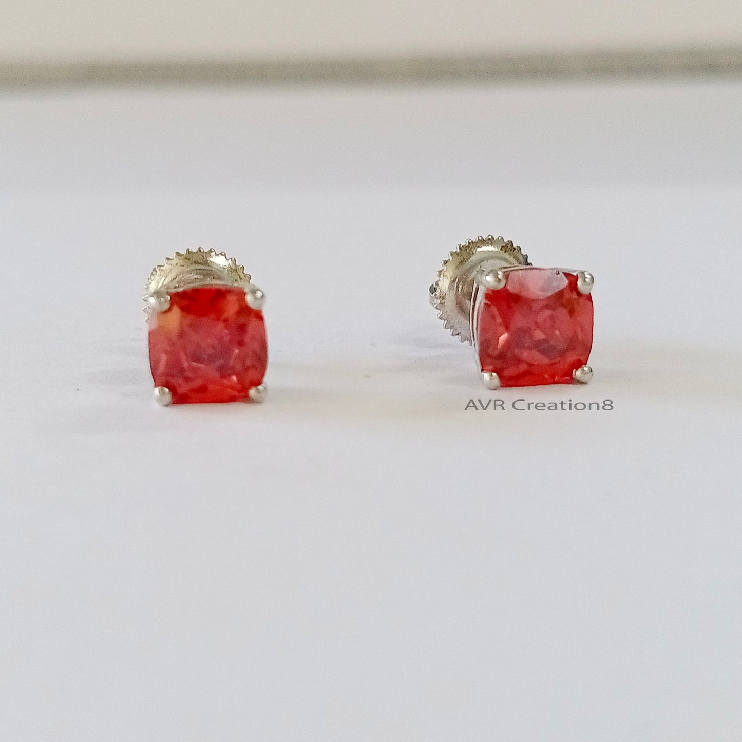 Square Red Ruby Stud Earrings, Cushion Cut Gemstone Earrings, 14K White Gold Plated, Four Prong Set Stud Earrings, Anniversary Gifts For Her
