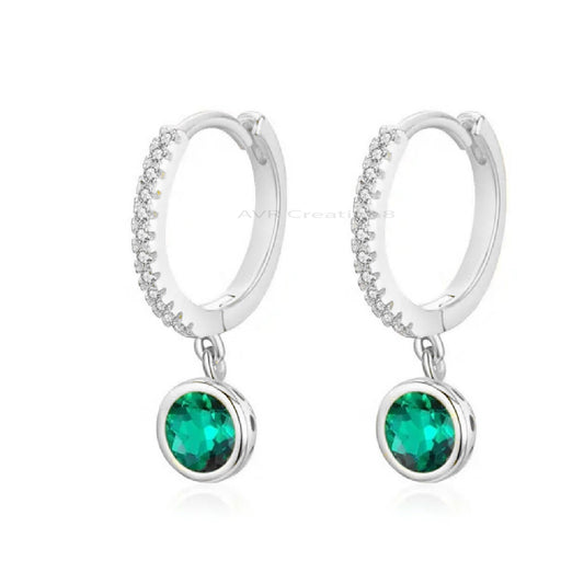 Bezel Set Green Emerald Drop & Dangle Earrings, Round Cut Dangle Earrings, Handmade Drop Earrings, 14K White Gold Plated, Gifts For Women