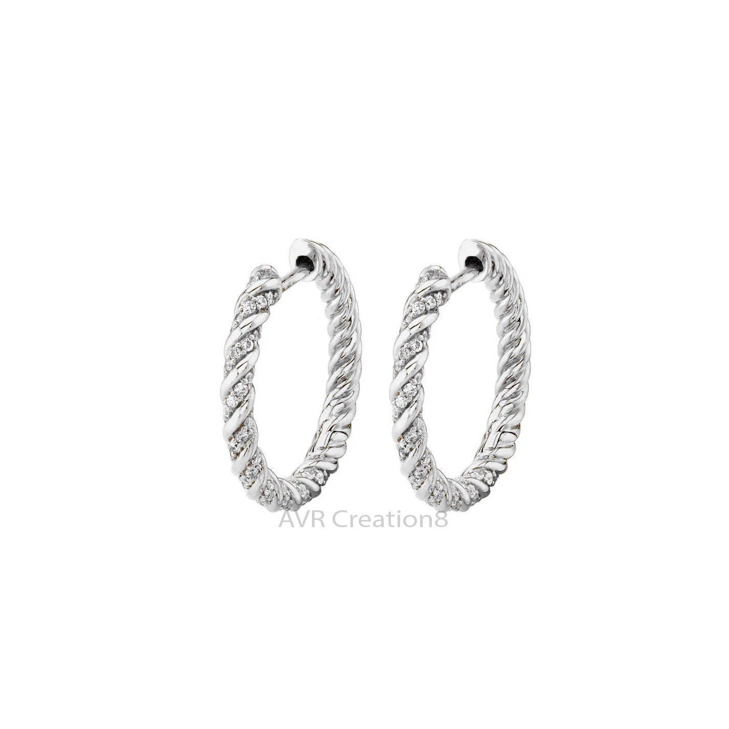 Women's Twisted Diamond Hoop Earrings, Diamond Earrings For Her, Handmade Earrings, 14K White Gold Plated Hoop Earrings, Gift For Girlfriend