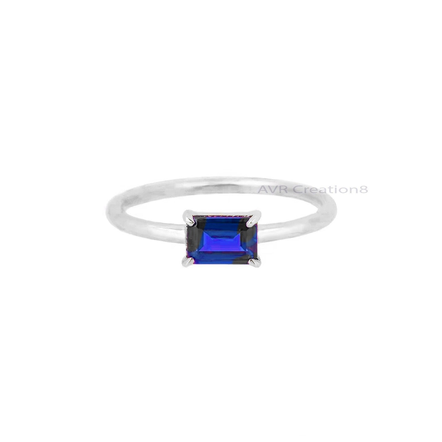 Sapphire Ring, Emerald Cut Blue Sapphire Ring, Dainty Single Stone Ring, Gemstone Ring, Sterling Silver, Anniversary Blue Stone Promise Ring