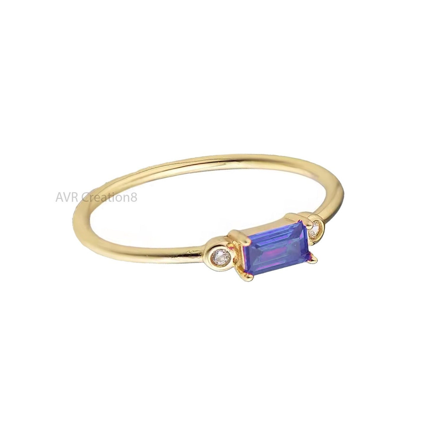 14k Yellow Gold Blue Sapphire Sterling Silver Ring, Blue Stone Ring, Three Stone Ring, Dainty Emerald Cut Ring, Mother's Day Gifts for Her