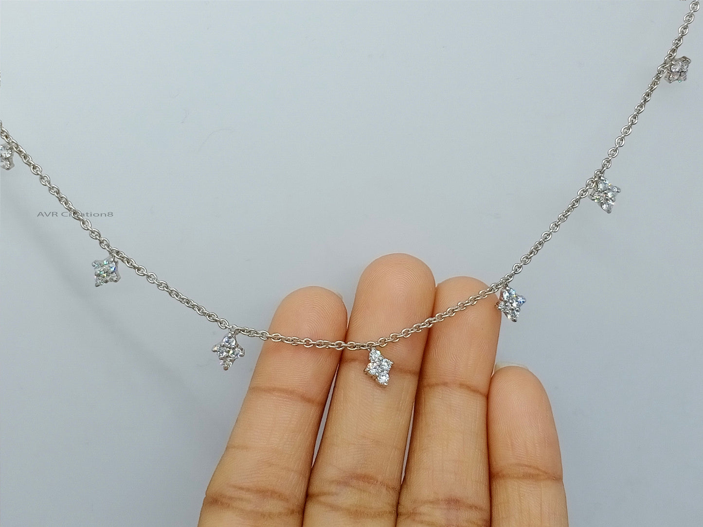 Diamond Flower Station Necklace Pendant, Four Stone Diamond Station Necklace, Daily Use Pendant, 14K White Gold Plated, Gifts For Her