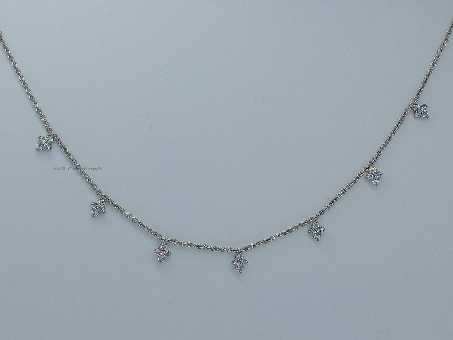 Diamond Flower Station Necklace Pendant, Four Stone Diamond Station Necklace, Daily Use Pendant, 14K White Gold Plated, Gifts For Her