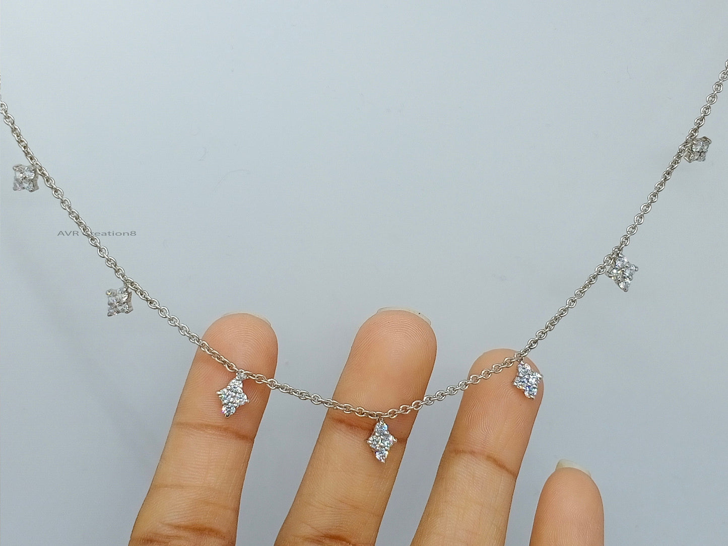 Diamond Flower Station Necklace Pendant, Four Stone Diamond Station Necklace, Daily Use Pendant, 14K White Gold Plated, Gifts For Her
