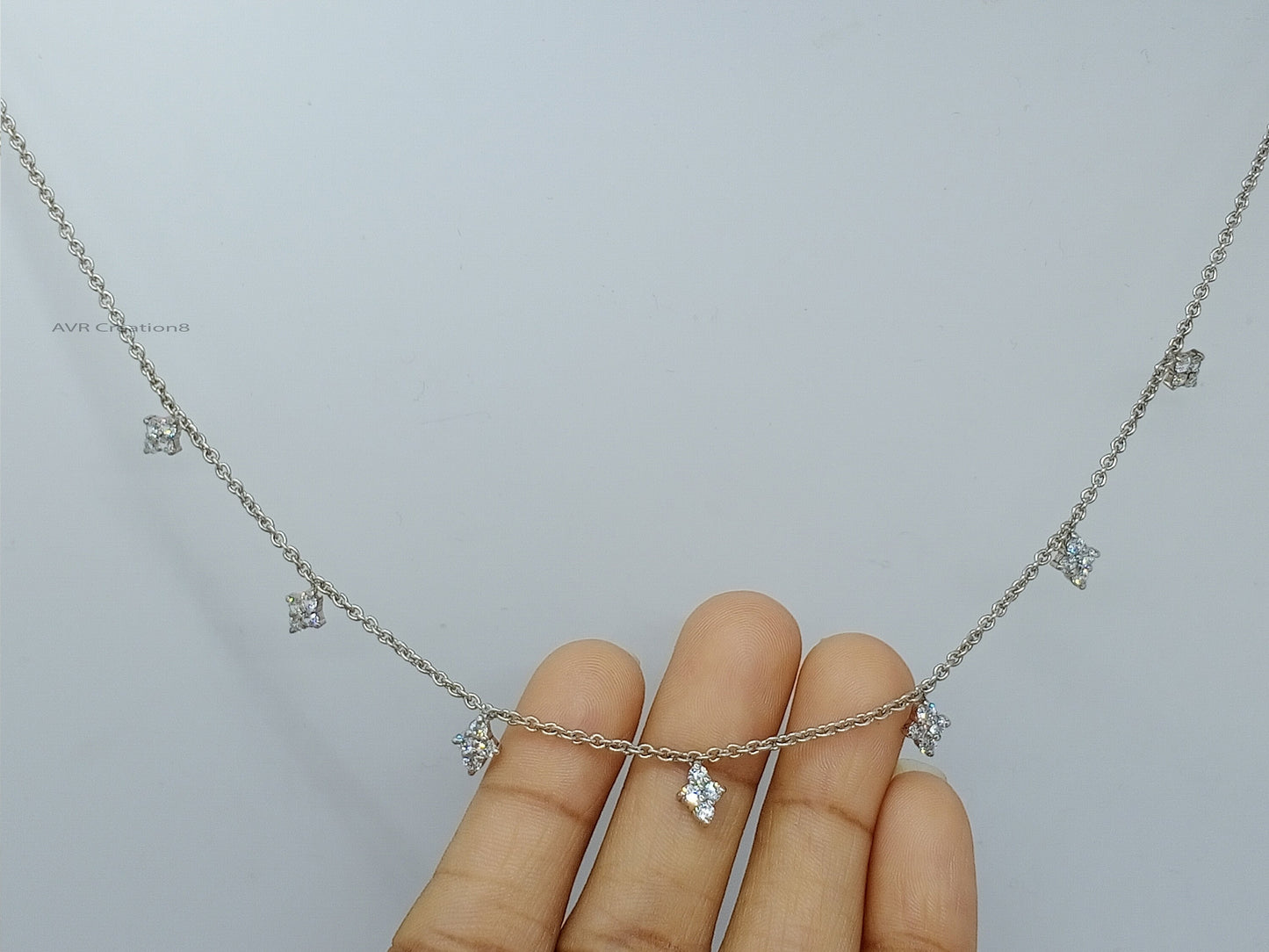 Diamond Flower Station Necklace Pendant, Four Stone Diamond Station Necklace, Daily Use Pendant, 14K White Gold Plated, Gifts For Her