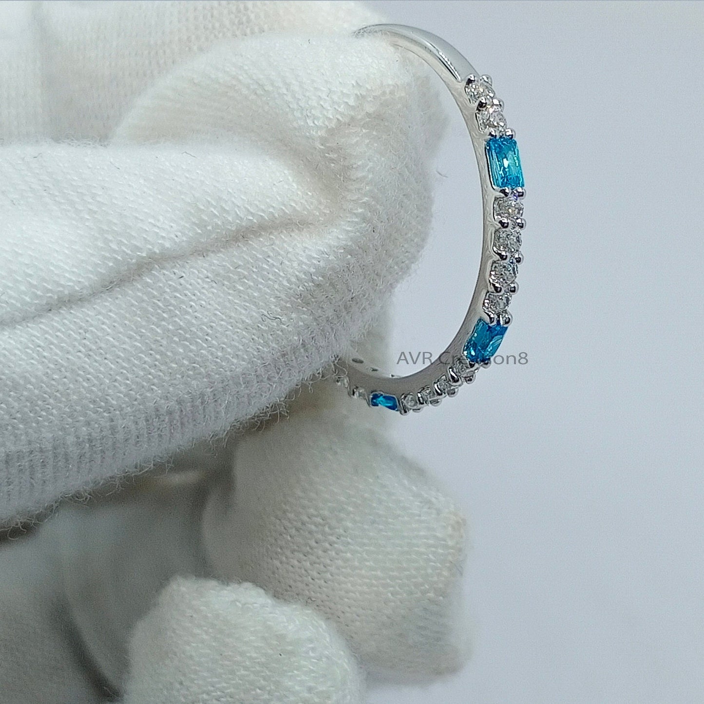 Half Eternity Aquamarine & Diamond Engagement Ring | Dainty Gemstone Stackable Ring | 925 Sterling Silver | Anniversary Ring | Gifts For Her