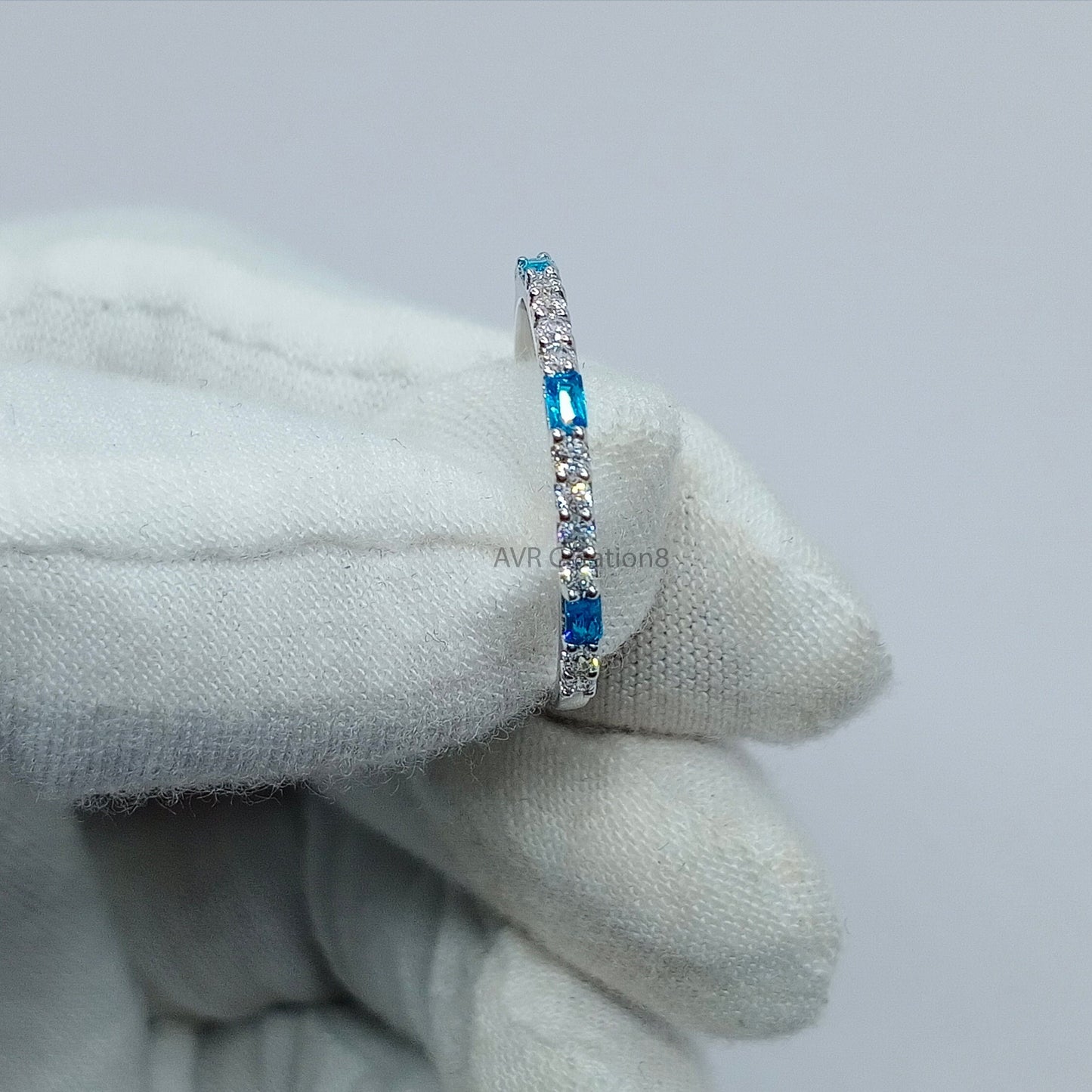 Half Eternity Aquamarine & Diamond Engagement Ring | Dainty Gemstone Stackable Ring | 925 Sterling Silver | Anniversary Ring | Gifts For Her