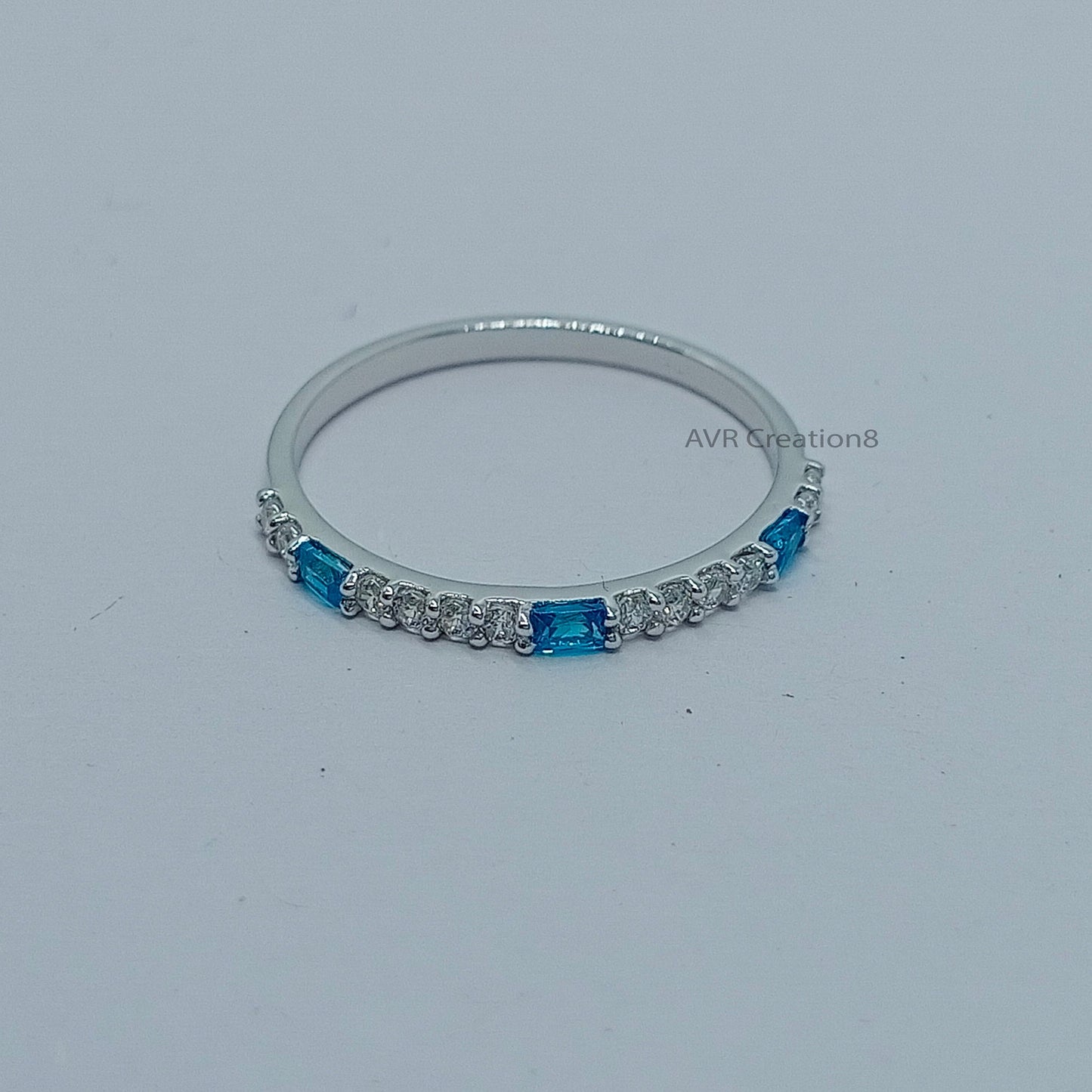 Half Eternity Aquamarine & Diamond Engagement Ring | Dainty Gemstone Stackable Ring | 925 Sterling Silver | Anniversary Ring | Gifts For Her