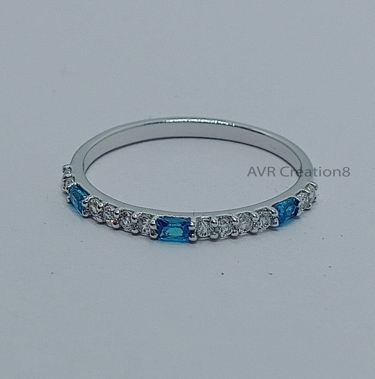 Half Eternity Aquamarine & Diamond Engagement Ring | Dainty Gemstone Stackable Ring | 925 Sterling Silver | Anniversary Ring | Gifts For Her