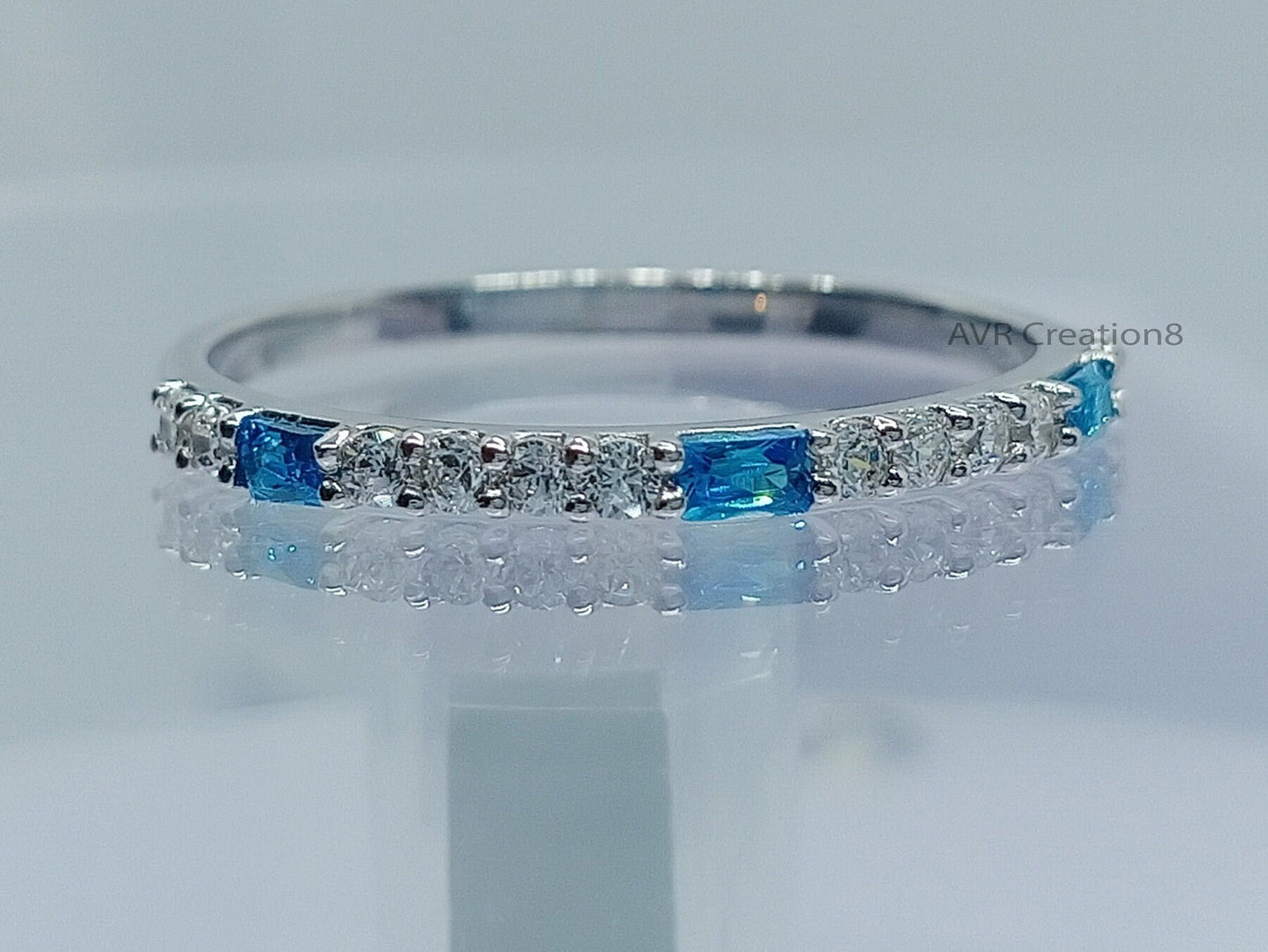 Half Eternity Aquamarine & Diamond Engagement Ring | Dainty Gemstone Stackable Ring | 925 Sterling Silver | Anniversary Ring | Gifts For Her
