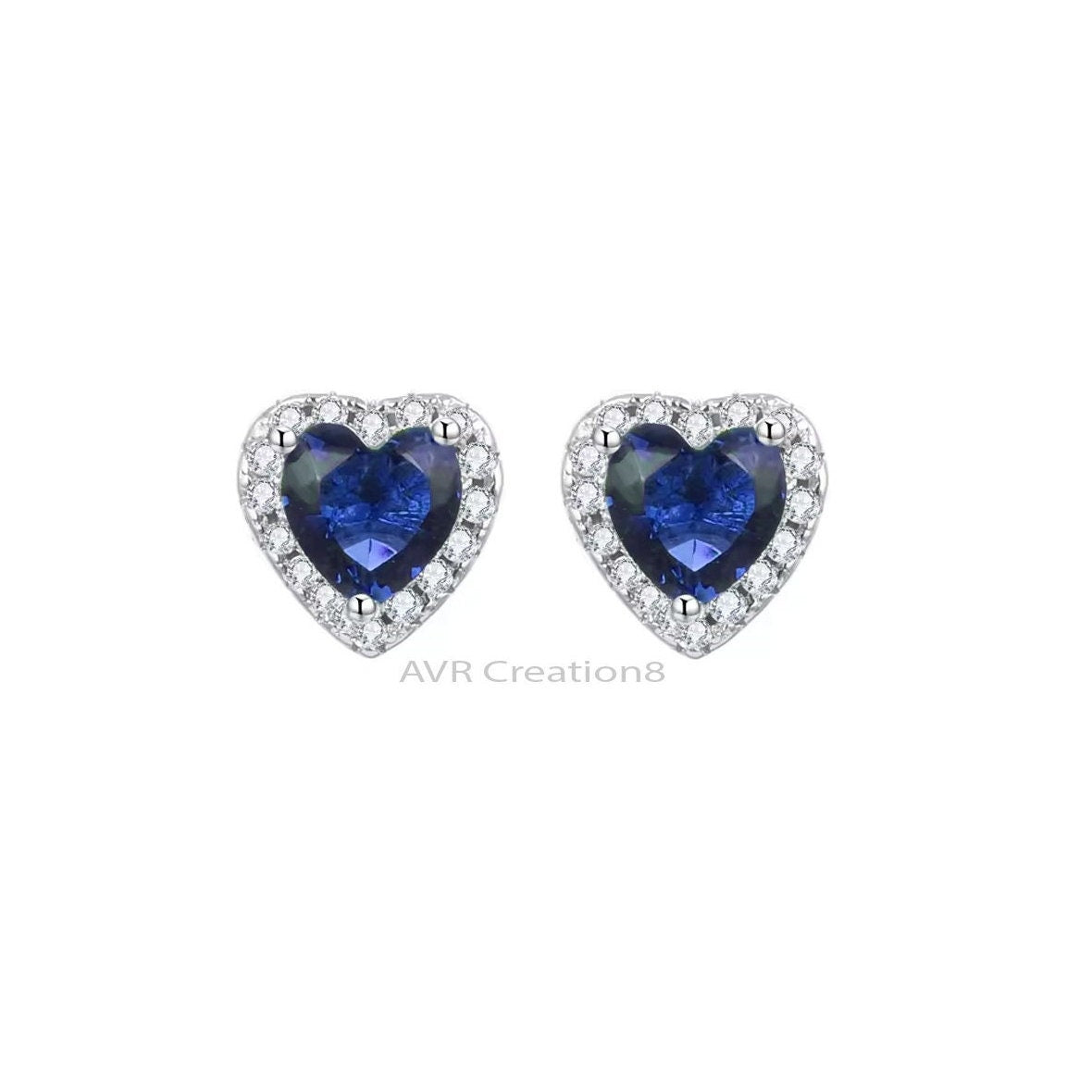 Heart Shape Blue Sapphire & Diamond Stud Earrings For Women, Blue Birthstone Earrings, 14K White Gold Plated, Mother's Day Gifts For Mom