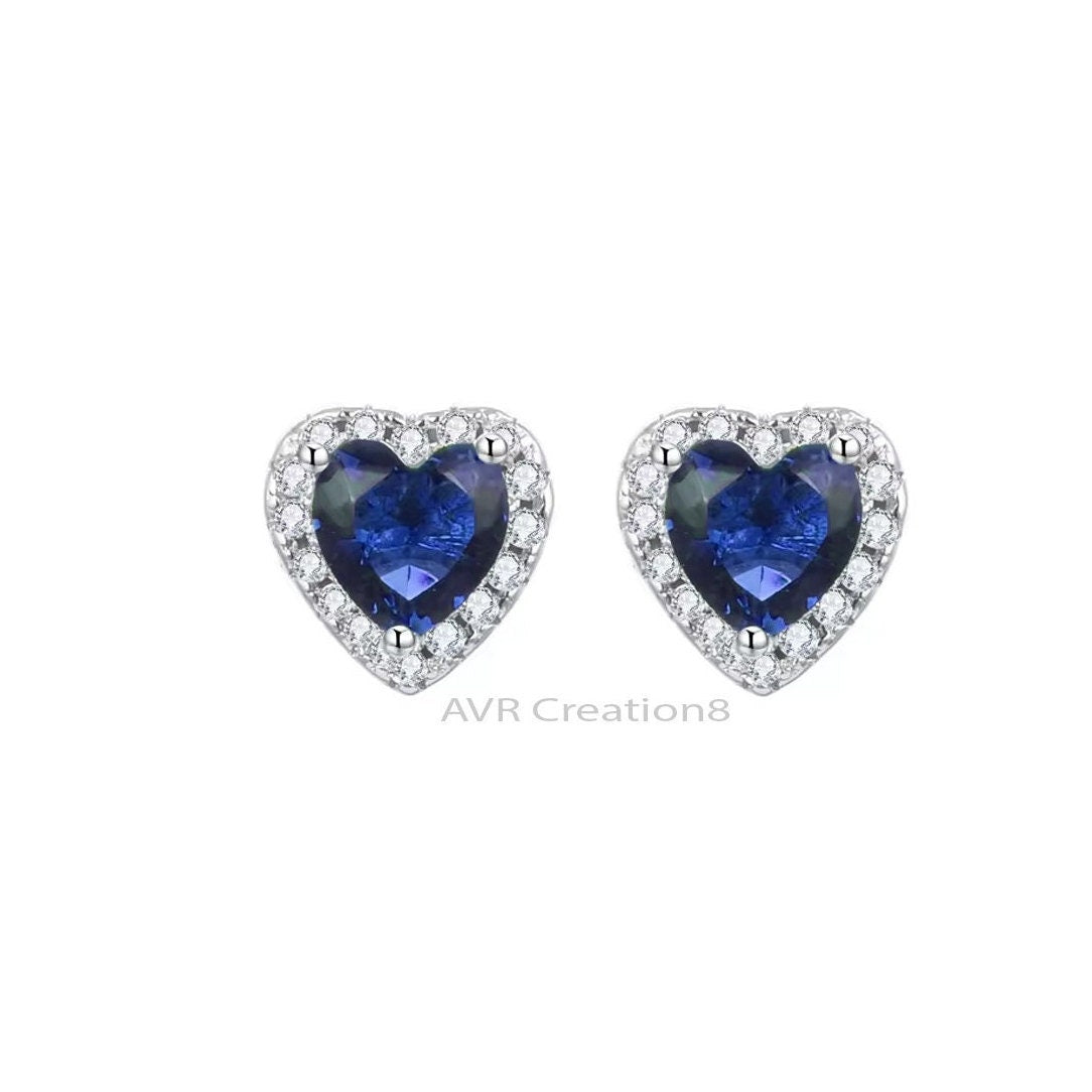 Heart Shape Blue Sapphire & Diamond Stud Earrings For Women, Blue Birthstone Earrings, 14K White Gold Plated, Mother's Day Gifts For Mom
