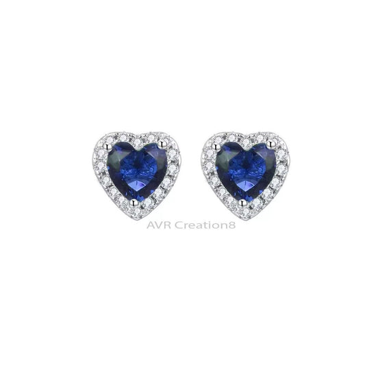 Heart Shape Blue Sapphire & Diamond Stud Earrings For Women, Blue Birthstone Earrings, 14K White Gold Plated, Mother's Day Gifts For Mom